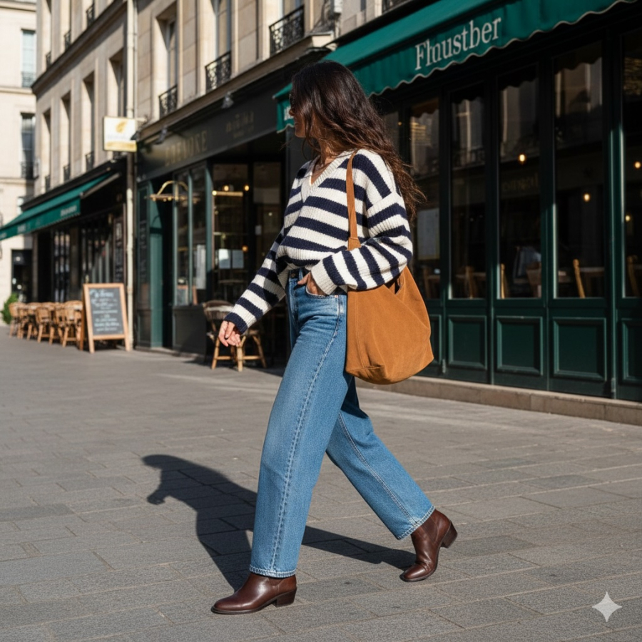 Một chiếc áo kẻ ngang basic trắng – đen hoặc trắng – xanh navy, phối cùng quần ống rộng màu be, trắng ngà hay xám tro là sự kết hợp chuẩn mực của sự thanh lịch và trẻ trung